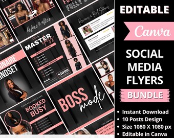 May include: A set of 10 social media flyers for a beauty brand shop. The flyers are black and pink with text that says "Master Yass", "Booked and Busy", "Boss Mode", and "Editable Canva".