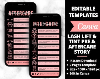 Lash Lift & Tint Pre- Aftercare Story, Editable Lash Business Card, Lash Extension Card, Eyelash Care Card, Lash Business Care Card Template