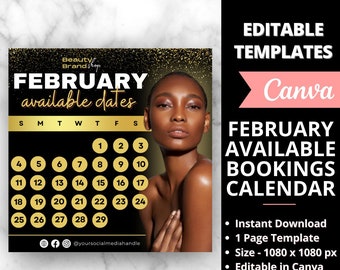 February Bookings Calendar,  Gold Availability Calendar Instagram Template, Nail Tech  Calendar, Lash Appointment,  Booking Monthly Schedule