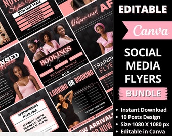 May include: A set of 10 social media flyers for a beauty brand. The flyers are pink and black with images of Black women. The text on the flyers includes "Looking or Booking", "Appointments Available", "Training Flyer", "New Arrivals", and "Beauty Brand Shop".