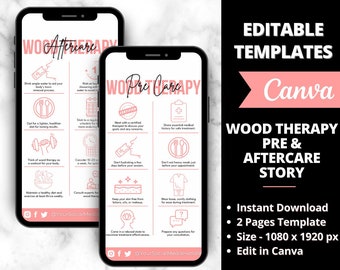 May include: Pink and white editable Canva template for a wood therapy business. The template includes pre and aftercare tips for clients. The text on the template says "Wood Therapy Pre & Aftercare Story".