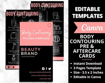 May include: Black and pink Canva templates for body contouring pre and aftercare cards. The cards include icons and text with instructions. The templates are 3.5 x 2 inches and are easy to customize.