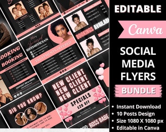 May include: A set of 10 social media flyers for a beauty brand shop. The flyers are pink and black with a black chalkboard background. The flyers feature text such as "New Client", "Specials", "Booking or Booking", and "Did You Know?" The flyers are editable in Canva.