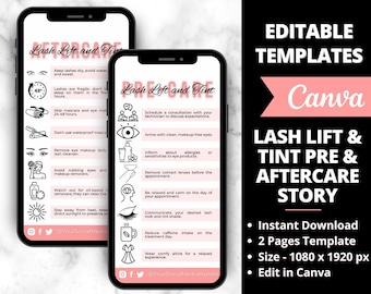 Lash Lift & Tint Pre- Aftercare Story, Editable Lash Business Card, Lash Extension Card, Eyelash Care Card, Lash Business Care Card Template