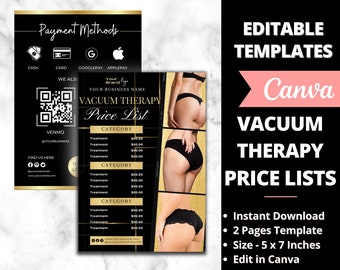 Puede incluir: Una plantilla de lista de precios imprimible en negro y dorado para tratamientos de terapia de vacío. La plantilla incluye un código QR, métodos de pago y una sección para enumerar los precios de los tratamientos. La plantilla está diseñada para ser editada en Canva.
