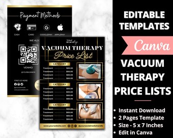 Puede incluir: Una plantilla de lista de precios en negro y dorado para tratamientos de terapia de vacío. La plantilla incluye un código QR, iconos de redes sociales y espacio para el nombre de tu empresa y tu sitio web. La plantilla es personalizable y fácil de editar en Canva. La plantilla tiene un tamaño de 5 x 7 pulgadas e incluye dos páginas.