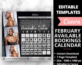 February Available Bookings Calendar,  Silver Availability Calendar Instagram Template, NailTech  Calendar, Lash Monthly Booking Appointment