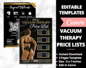 Puede incluir: Una plantilla de lista de precios imprimible en negro y dorado para tratamientos de terapia de vacío. La plantilla incluye una sección para el nombre de la empresa, la información de contacto y una lista de precios para diferentes tratamientos. La plantilla está diseñada para ser fácilmente personalizable en Canva.
