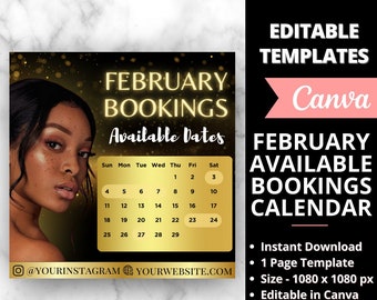 February Bookings Calendar,  Gold Availability Calendar Instagram Template, Nail Tech  Calendar, Lash Appointment,  Booking Monthly Schedule