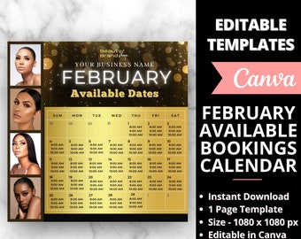 February Bookings Calendar,  Gold Availability Calendar Instagram Template, Nail Tech  Calendar, Lash Appointment,  Booking Monthly Schedule