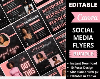 May include: A set of 10 social media flyers for a beauty brand shop. The flyers are pink and black with a modern design. The text on the flyers includes "Restocked", "Brand Ambassador", "I've Got This", "Masterclass", and "Beauty Brand Shop".