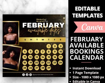 February Bookings Calendar,  Gold Availability Calendar Instagram Template, Nail Tech  Calendar, Lash Appointment,  Booking Monthly Schedule