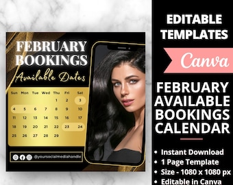 February Bookings Calendar,  Gold Availability Calendar Instagram Template, Nail Tech  Calendar, Lash Appointment,  Booking Monthly Schedule