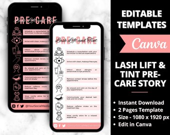 Lash Lift & Tint Pre-care Story, Editable Lash Business Card, Lash Extension Card, Eyelash Care Card, Lash Business Care Card Template