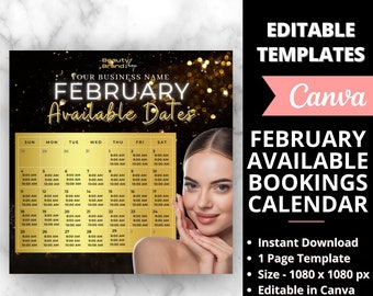 February Bookings Calendar,  Gold Availability Calendar Instagram Template, Nail Tech  Calendar, Lash Appointment,  Booking Monthly Schedule