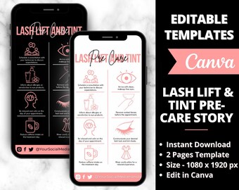 Lash Lift & Tint Pre-care Story, Editable Lash Business Card, Lash Extension Card, Eyelash Care Card, Lash Business Care Card Template