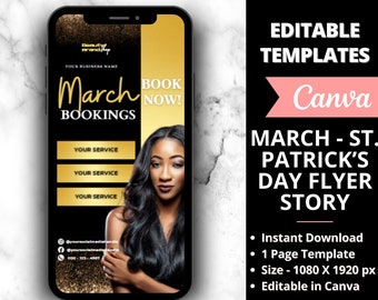 DIY March Booking Flyer Story, St Patrick's Day Booking Flyer, Holiday Deals Flyer, Makeup, Hair, Lashes, Nail, Canva Template, Beauty Flyer