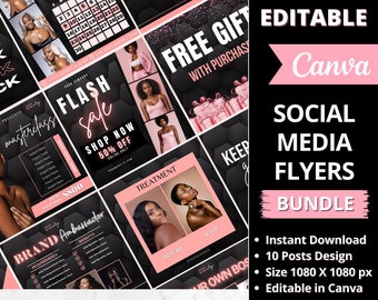 May include: A set of 10 social media flyers for a beauty brand. The flyers are black and pink with a geometric pattern. The text on the flyers includes "FREE GIFT WITH PURCHASE", "SHOP NOW 50% OFF", "BRAND Ambassador", "TREATMENT", "KEEP", "YOUR OWN BOSS", "Editable Canva", "Instant Download", "10 Posts Design", "Size 1080 X 1080 px", "Beauty Brand Shop", and "Very easy to customize."
