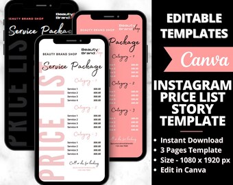 Plantilla de lista de precios de Instagram, lista de precios editable, lista de precios de historias de IG, aspectos destacados de la historia de Instagram, guía de precios de redes sociales, historia de Insta