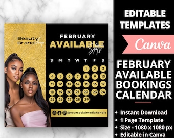 February Bookings Calendar,  Gold Availability Calendar Instagram Template, Nail Tech  Calendar, Lash Appointment,  Booking Monthly Schedule