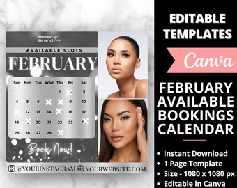 February Available Bookings Calendar,  Silver Availability Calendar Instagram Template, NailTech  Calendar, Lash Monthly Booking Appointment