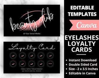 Tarjeta de fidelización de pestañas, tarjetas de fidelización editables, tarjetas de fidelización de pestañas, tarjeta de fidelización, tarjeta de recompensas comerciales, tarjeta de fidelización, tarjeta de fidelización negra