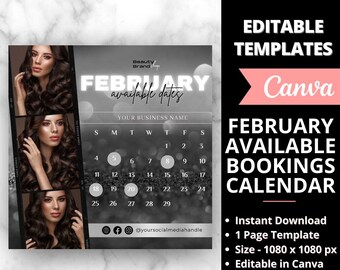 February Available Bookings Calendar,  Silver Availability Calendar Instagram Template, NailTech  Calendar, Lash Monthly Booking Appointment