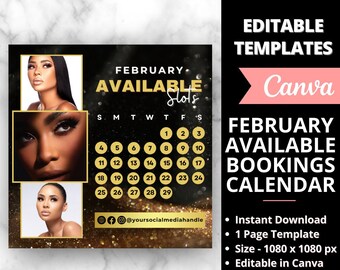 February Bookings Calendar,  Gold Availability Calendar Instagram Template, Nail Tech  Calendar, Lash Appointment,  Booking Monthly Schedule