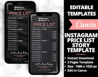 Instagram Story Price List, Instagram Price List Template, IG Stories Price List, Instagram Story Highlights, Salon Spa Insta Stories Menu