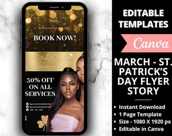 DIY March Booking Flyer Story, St Patrick's Day Booking Flyer, Holiday Deals Flyer, Makeup, Hair, Lashes, Nail, Canva Template, Beauty Flyer