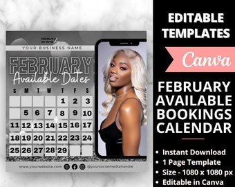 February Available Bookings Calendar,  Silver Availability Calendar Instagram Template, NailTech  Calendar, Lash Monthly Booking Appointment