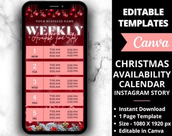 Christmas Availability Calendar IG Story, Available Appointments Flyer, December Bookings Instagram Story, Book Now, Christmas Booking Flyer