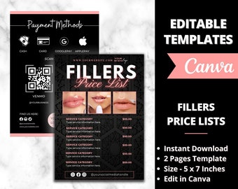 Fillers Price List, Botox and Filler Canva Template, Nurse Injector Template, Skincare Instagram Post, Medspa Menu, Lip Filler Pricing Sheet