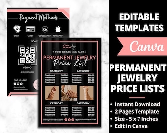 Listas de precios de joyería permanente editables, plantilla de diseño de lista de precios imprimible, negocio de joyería permanente, formularios y folletos de joyería permanente