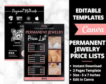 Listas de precios de joyería permanente editables, plantilla de diseño de lista de precios imprimible, negocio de joyería permanente, formularios y folletos de joyería permanente