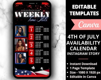 Fourth of July Weekly Availability Calendar IG Story, Hair Lash Sale Flyer, Independence Day Flyer, Premade Instagram 4th of July Flyer Post