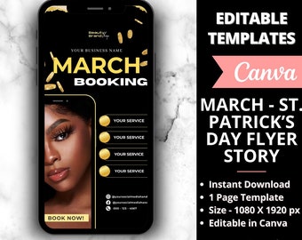 DIY March Booking Flyer Story, St Patrick's Day Booking Flyer, Holiday Deals Flyer, Makeup, Hair, Lashes, Nail, Canva Template, Beauty Flyer