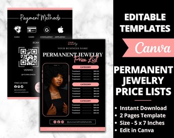 Listas de precios de joyería permanente editables, plantilla de diseño de lista de precios imprimible, negocio de joyería permanente, formularios y folletos de joyería permanente