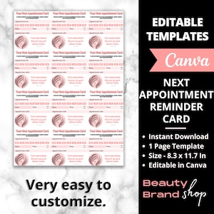 Schede modificabili per il prossimo appuntamento, Schede promemoria per appuntamenti stampabili, Schede per appuntamenti per la cura della pelle, Schede promemoria, Moduli salone di bellezza, Canva