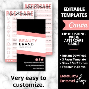 Lip Blushing Precare and Aftercare Instructions, Lip Blush Aftercare Template, PMU Aftercare Card, Lip Blushing Post Care, Lip Blush Precare