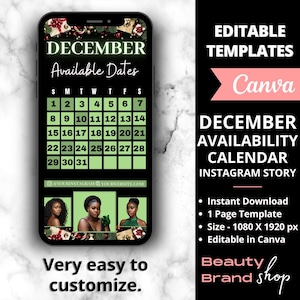 December Availability Calendar Instagram Story, Christmas Flyer, DIY Book Now Flyer, December Booking Flyer, Holiday Sales, December Booking