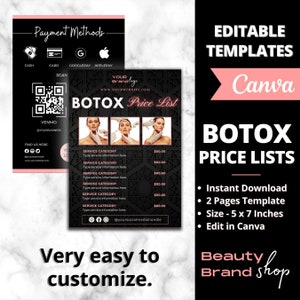 Botox Price List, Digital Botulinum Toxin and Dermal Fillers Pricelist, Pricelist Template, Business Menu for Aesthetician, Botox Lip Filler
