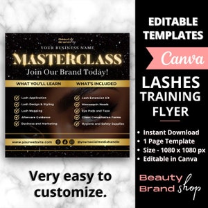 Puede incluir: Un folleto negro y dorado con el texto "Masterclass" y "¡Únete a nuestra marca hoy!" Incluye una lista de verificación de lo que aprenderás y lo que se incluye en la clase. El folleto es para una clase de entrenamiento de pestañas e incluye el texto "Lash Training Flyer" y "Plantillas editables Canva".