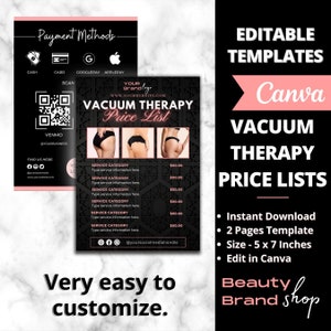 May include: A black and white printable template for a vacuum therapy price list. The template features a black background with white text and a decorative pattern. The template includes a section for service categories and prices, as well as a section for contact information. The template is designed to be used with Canva.