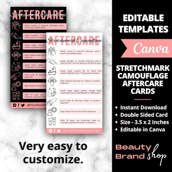 Stretchmark Camouflage Aftercare Cards, Editable Digital Scar and Camouflage, PMU Image,  Canva Templates,  Stretchmark Camouflage Care Card