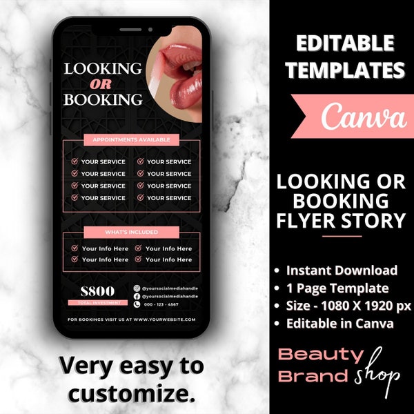 Looking or Booking Flyer Story, DIY Flyer Template, Hair Salon Appointment Flyer, Book Now Flyer, Premade Lash Nail Wig MakeUp Booking Flyer