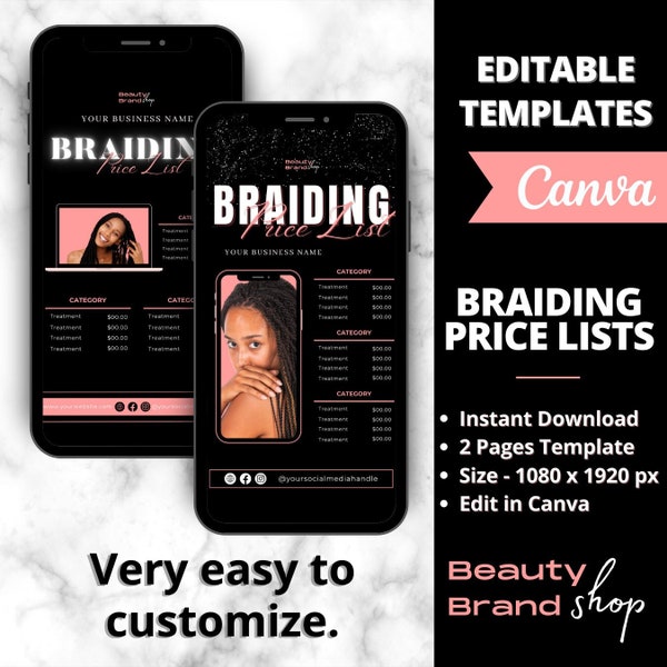 Braiding Price List Story Template, Beauty Hair Salon Stylists Pricing, DIY Bundle Make-up, Digital MUA Design Boutique, Social Media Posts