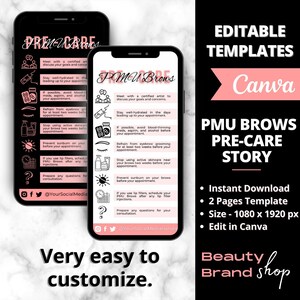 Historia de cuidado previo de las cejas de PMU en las redes sociales, tarjeta de cuidado del tatuaje de cejas, plantilla de PMU, tarjeta de cuidado de microblading editable, plantilla de negocio de belleza de spa