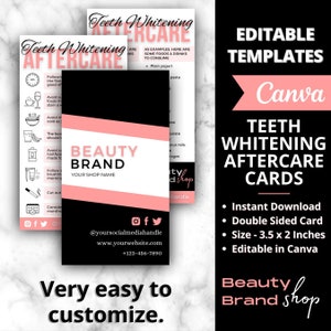 Modèle modifiable de blanchiment des dents après l'entretien, carte imprimable d'instructions de suivi du blanchiment des dents, guide d'entretien du traitement des dents, soin instantané