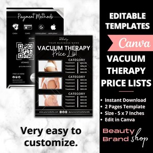 May include: Black and white printable template for a vacuum therapy price list. The template features a black background with white text and images of a woman's body. The text includes the words "Vacuum Therapy Price List" and "Category". The template is designed to be used in Canva.